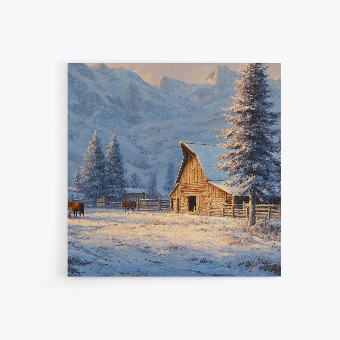 Snowy Mountain Barn Winter Wall Art, Rustic Farm Landscape Canvas Print, Cozy Cabin Decor, Country Farmhouse Living Room Wall Decor