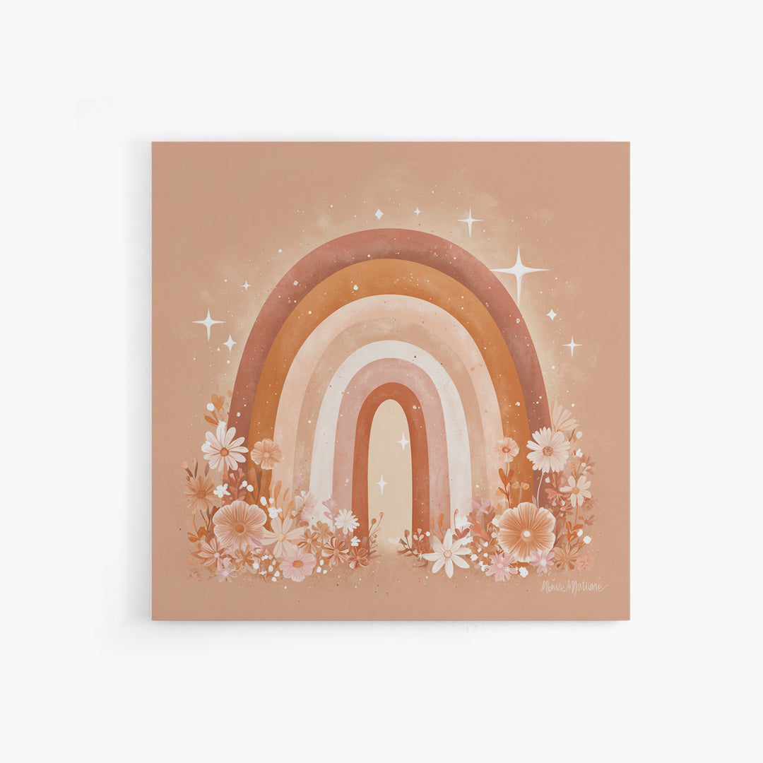 Peach Floral Rainbow Wall Art, Daisy Nursery Decor, Boho Kids Room Art, Feminine Wall Decor, Baby Girl Nursery Canvas Print