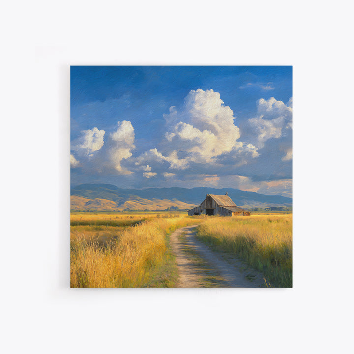Golden Field Barn Country Landscape Wall Art, Blue Sky Farmhouse Canvas Print, Rustic Country Home Decor For Kitchen Or Living Room