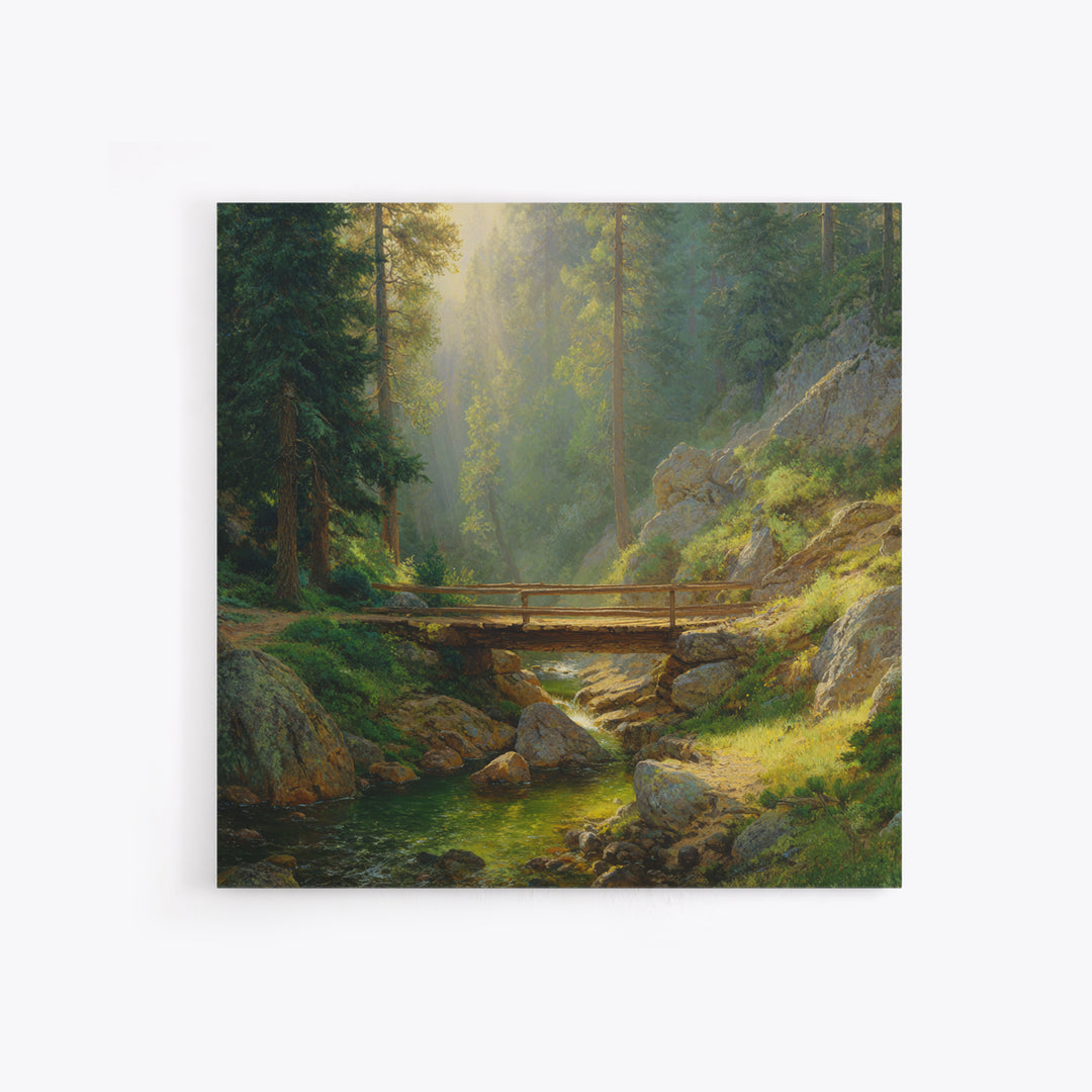 Sunlit Forest Bridge Landscape Wall Art, Tranquil Nature Print, Calming Green Decor, Rustic Country Artwork For Living Room Or Bedroom