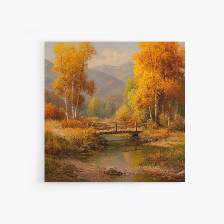 Autumn Forest Bridge Landscape Wall Art, Rustic Country Stream Canvas Print, Cozy Fall Home Decor, Living Room Wall Art