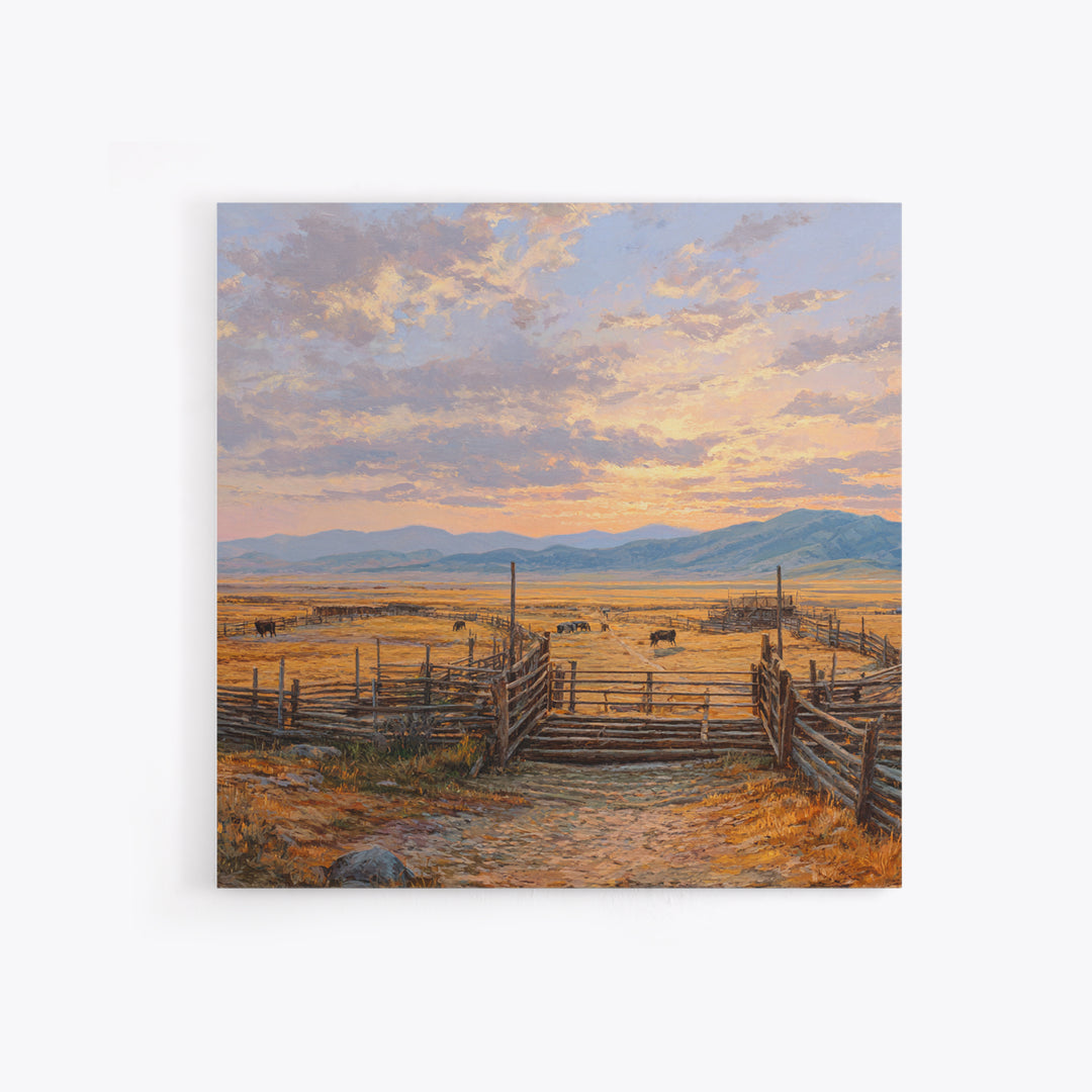 Sunset Cattle Ranch Landscape Painting Wall Art, Rustic Western Pasture Print, Country Farmhouse Living Room Decor