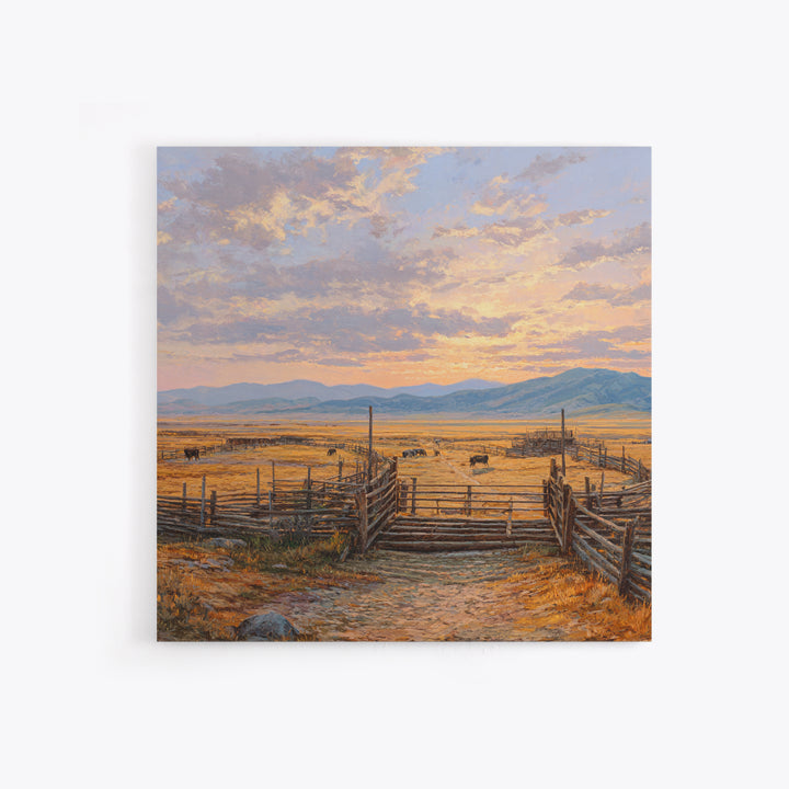 Sunset Cattle Ranch Landscape Painting Wall Art, Rustic Western Pasture Print, Country Farmhouse Living Room Decor