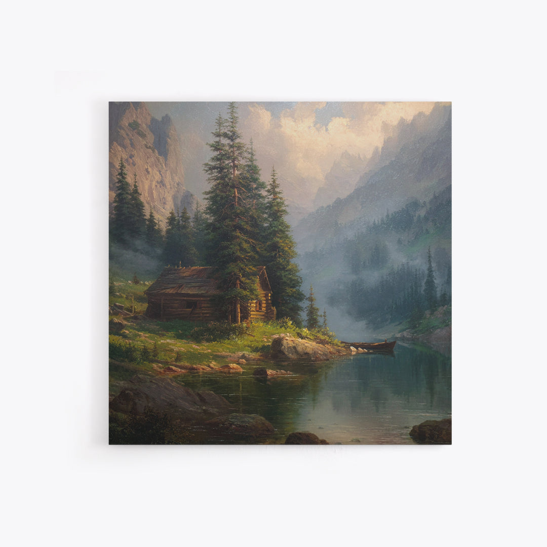 Mountain Cabin Lake Sunset Landscape Wall Art Rustic Nature Painting Home Decor Living Room Decor Canvas Print