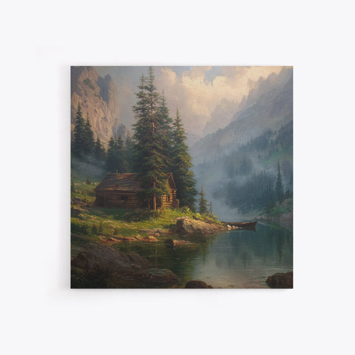 Mountain Cabin Lake Sunset Landscape Wall Art Rustic Nature Painting Home Decor Living Room Decor Canvas Print