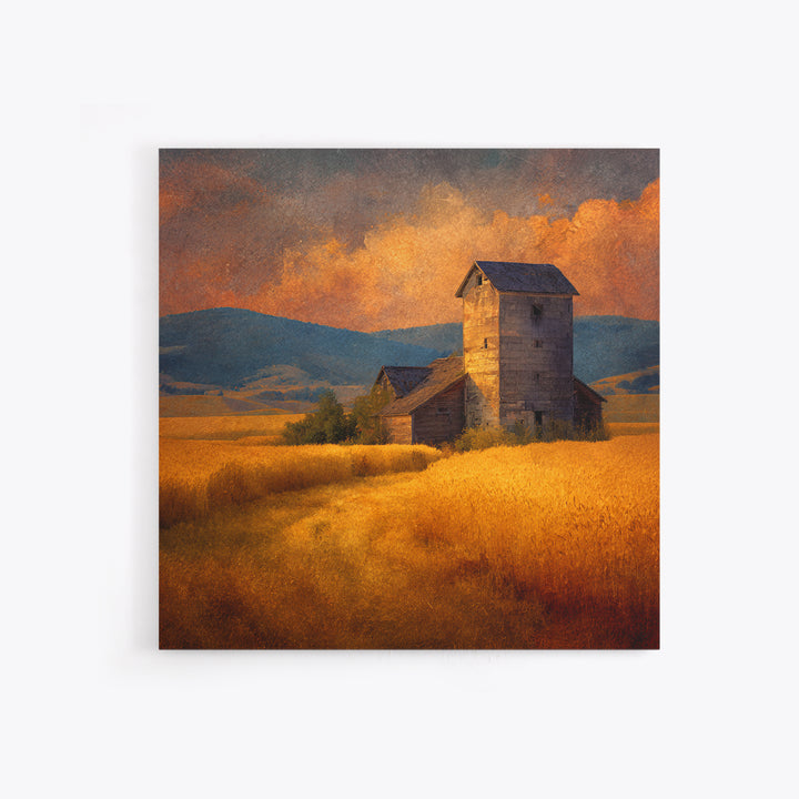 Rustic Barn In Golden Field Landscape Wall Art, Country Sunset Canvas Print, Farmhouse Home Decor Artwork