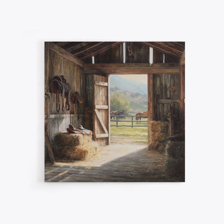 Rustic Horse Barn Interior Wall Art Country Farmhouse Decor Warm Sunlit Stable Landscape Print For Entryway Or Living Room