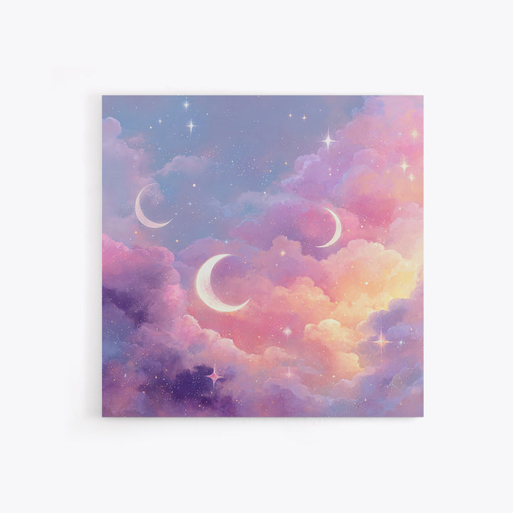 Pastel Crescent Moons In Dreamy Clouds Canvas Print, Celestial Wall Art, Whimsical Nursery Decor, Girls Room Decor, Space Art