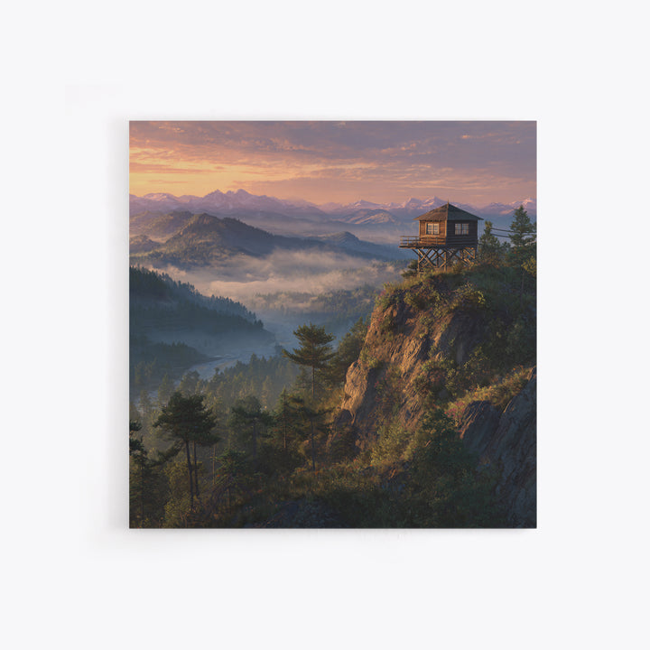 Mountain Fire Lookout Tower Sunrise Landscape Wall Art Misty Forest Painting Modern Home Decor Living Room Canvas Print