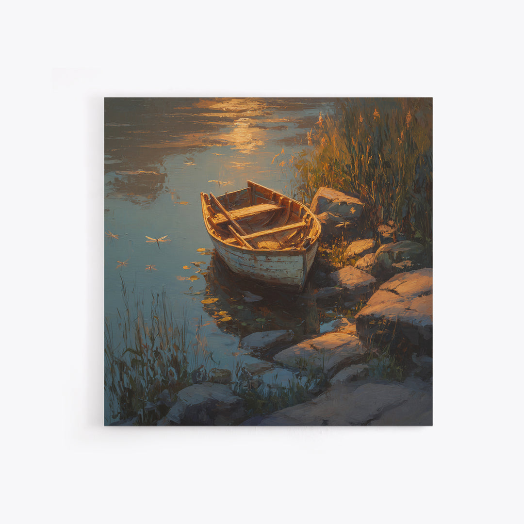 Rowboat On Golden Lake Wall Art, Tranquil Lakeside Landscape Canvas Print, Rustic Cabin Decor, Peaceful Nature Bedroom Wall Art
