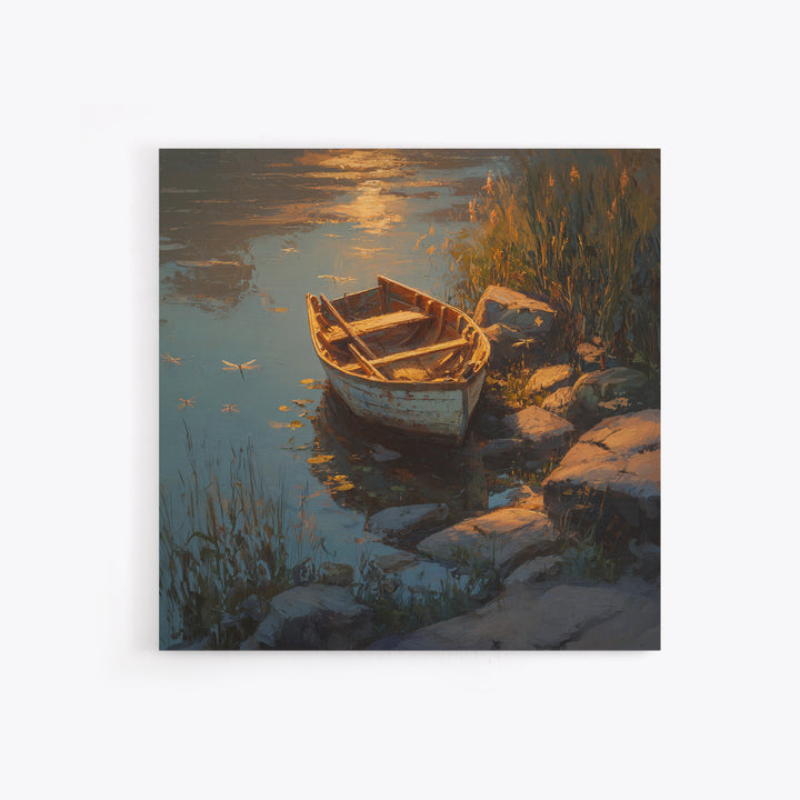 Rowboat On Golden Lake Wall Art, Tranquil Lakeside Landscape Canvas Print, Rustic Cabin Decor, Peaceful Nature Bedroom Wall Art
