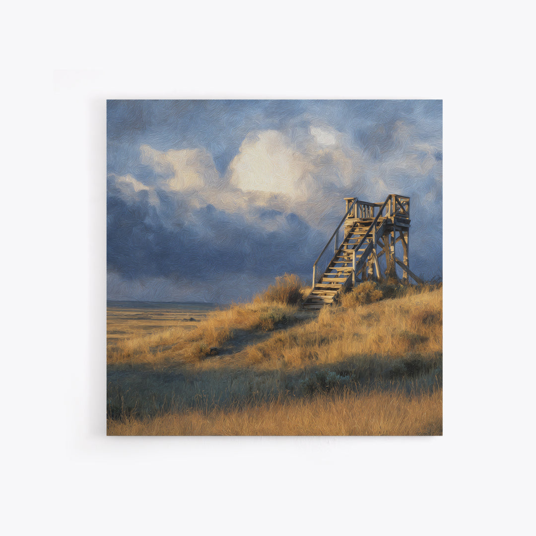 Windblown Dune Stairs Coastal Landscape Wall Art, Moody Beach House Decor Canvas Print