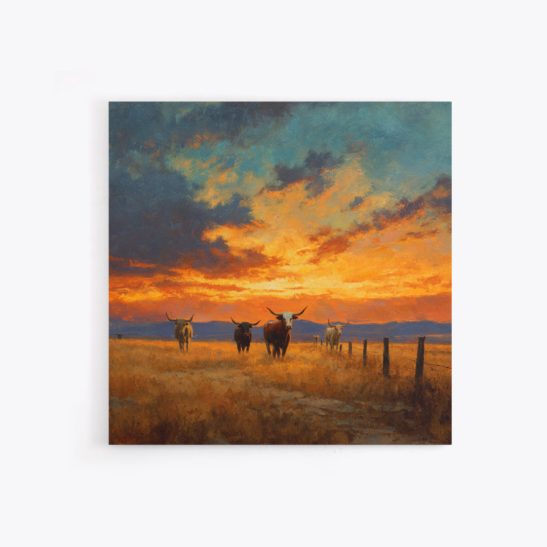 Longhorn Cattle At Sunset Western Landscape Wall Art, Rustic Ranch Canvas Print, Modern Cowboy Home Decor