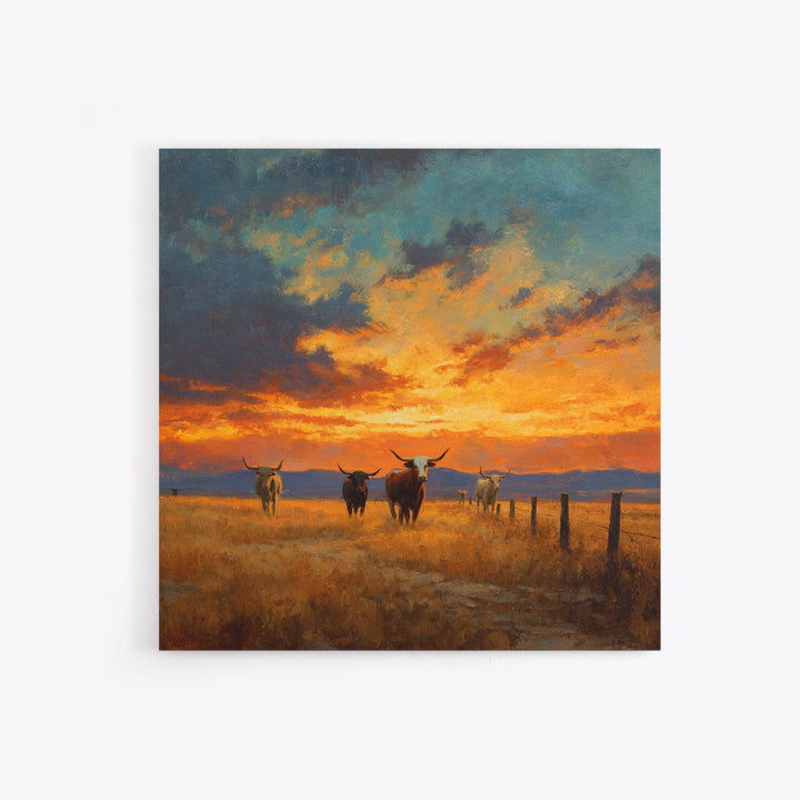 Longhorn Cattle At Sunset Western Landscape Wall Art, Rustic Ranch Canvas Print, Modern Cowboy Home Decor