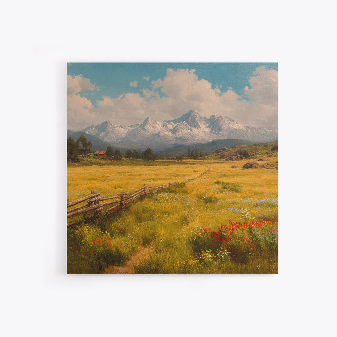 Sunny Alpine Meadow Landscape Wall Art, Wildflower Field Canvas Print, Country Farmhouse Decor, Mountain Nature Art