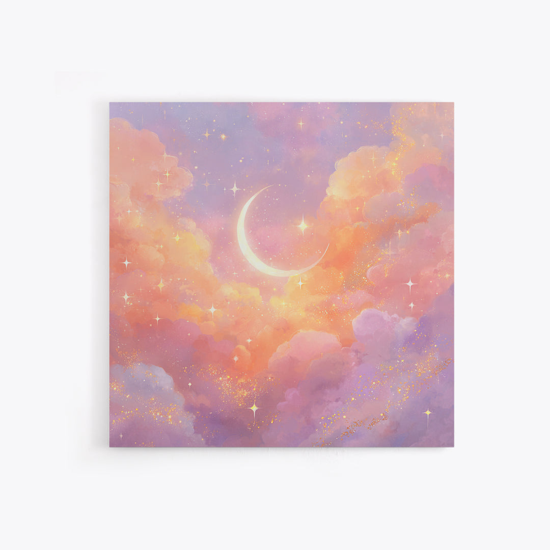 Glowing Crescent Moon Clouds Wall Art, Pastel Celestial Nursery Decor, Pink Bedroom Art, Dreamy Space Print, Girls Room Decor