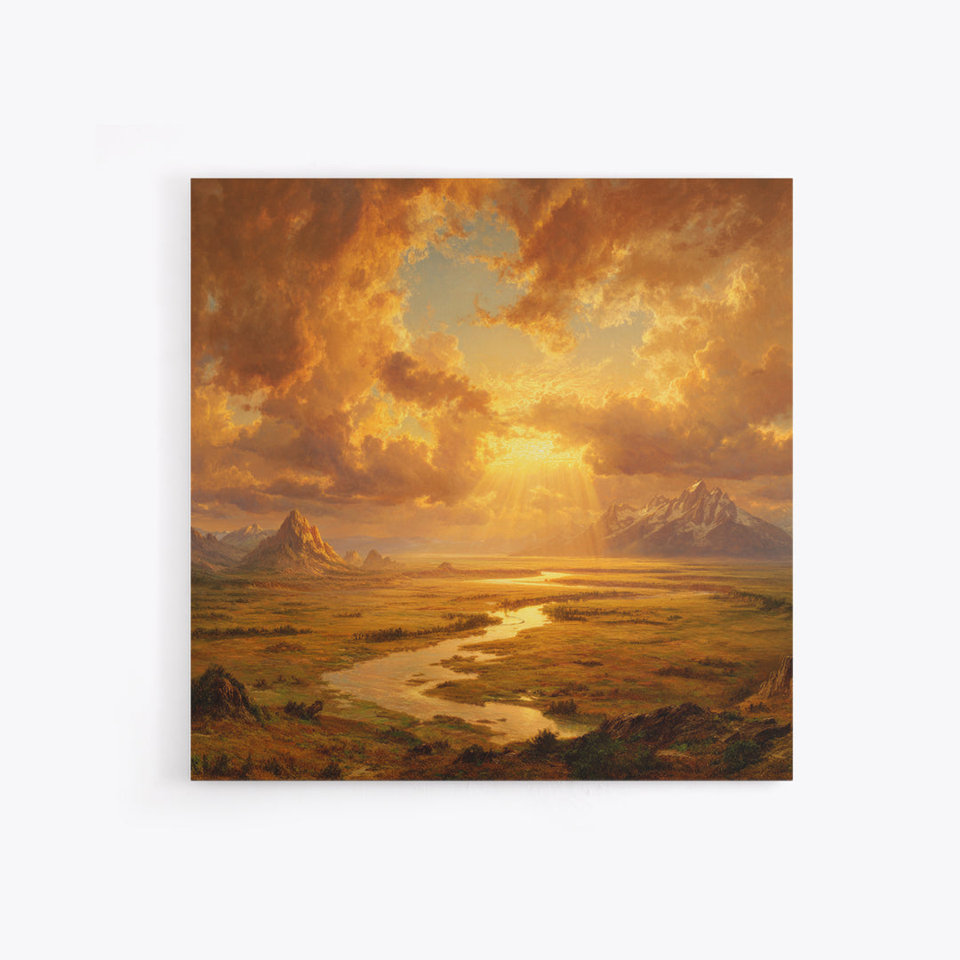 Golden Sunset River Valley Landscape Wall Art, Warm Mountain Print, Rustic Country Decor For Living Room Wall Art
