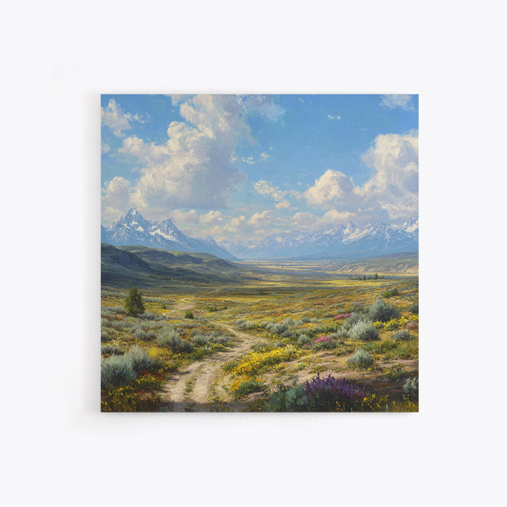 Wide Mountain Valley Wildflower Landscape Wall Art, Country Scenic Canvas Print For Rustic Farmhouse Decor