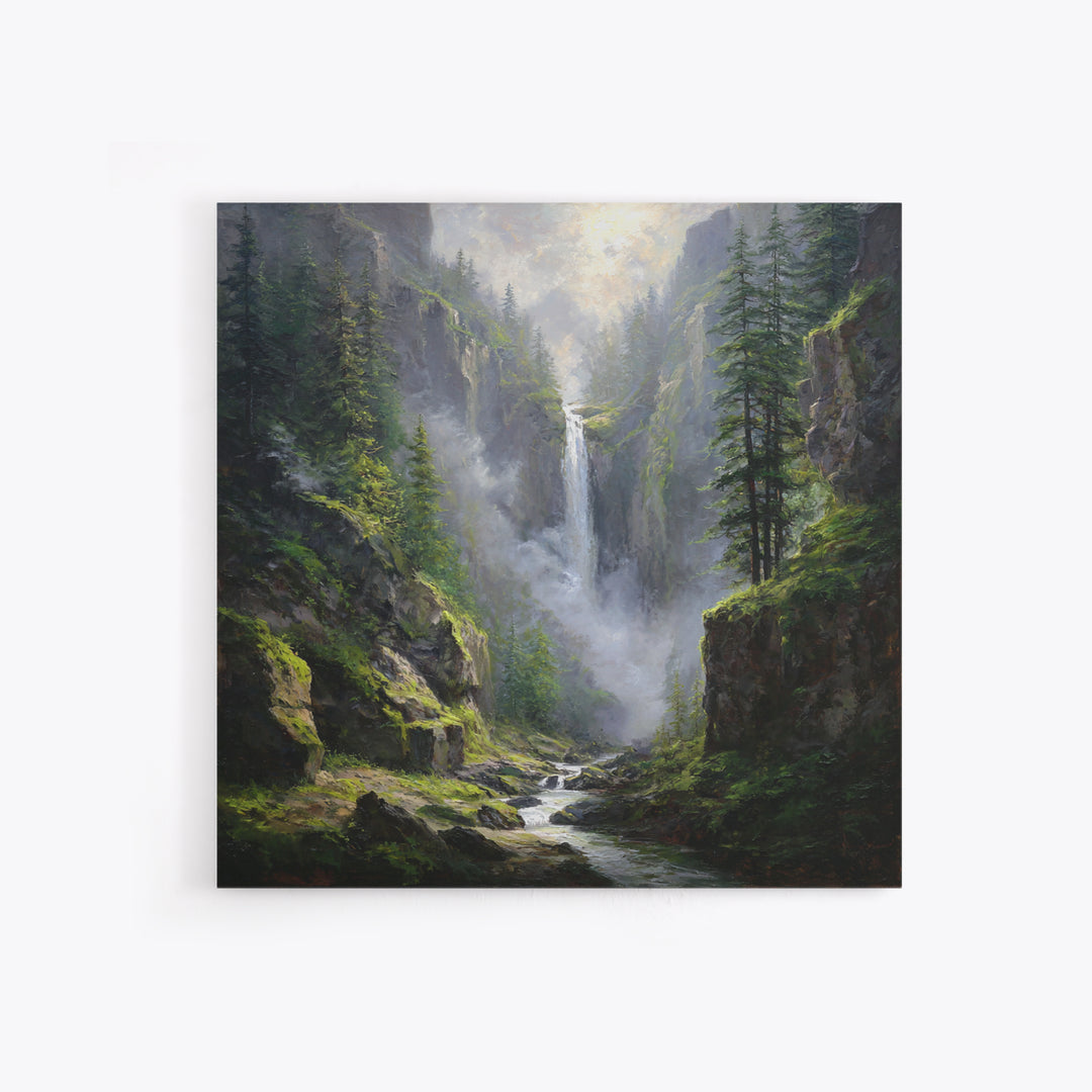 Majestic Mountain Waterfall Forest Landscape Wall Art, Serene Nature Canvas Print For Rustic Cabin Decor