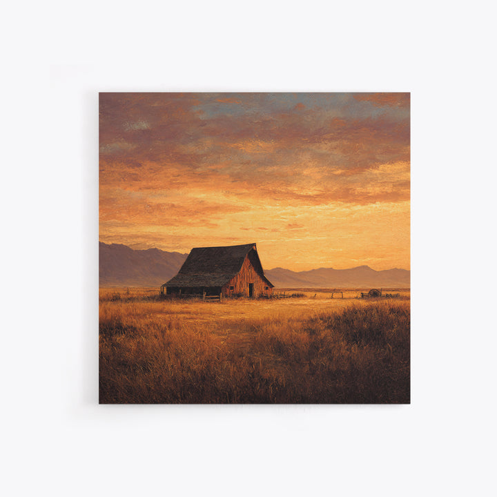 Rustic Barn At Sunset Landscape Wall Art, Country Farmhouse Painting, Warm Autumn Field Scene Large Framed Canvas Print