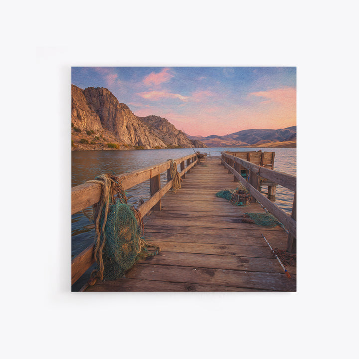 Rustic Fishing Pier At Sunset Canvas Print, Mountain Lake Landscape Wall Art, Cozy Cabin Decor For Lake House Or Living Room