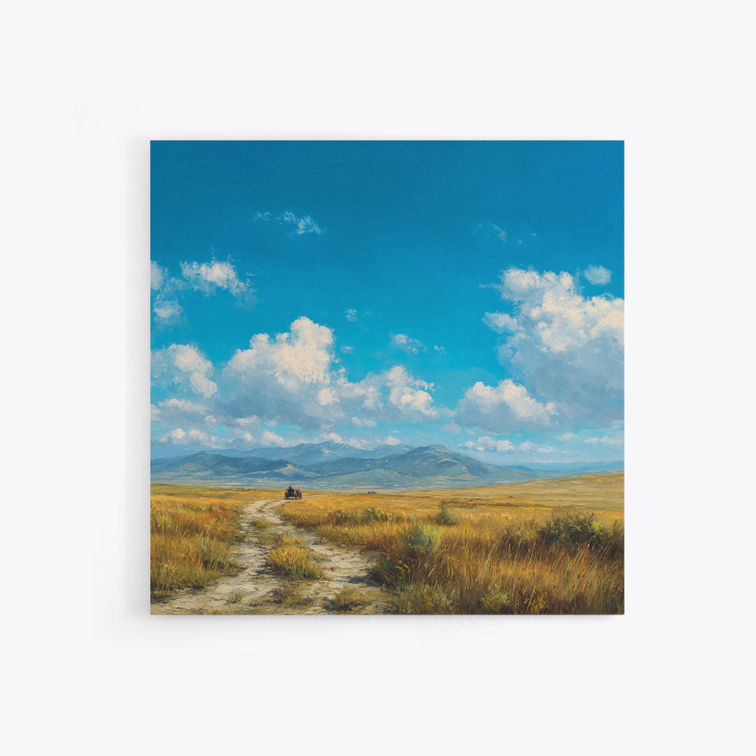 Golden Prairie Wagon Landscape Wall Art, Western Country Sunset Painting, Rustic Home Decor, Large Modern Art Print Canvas