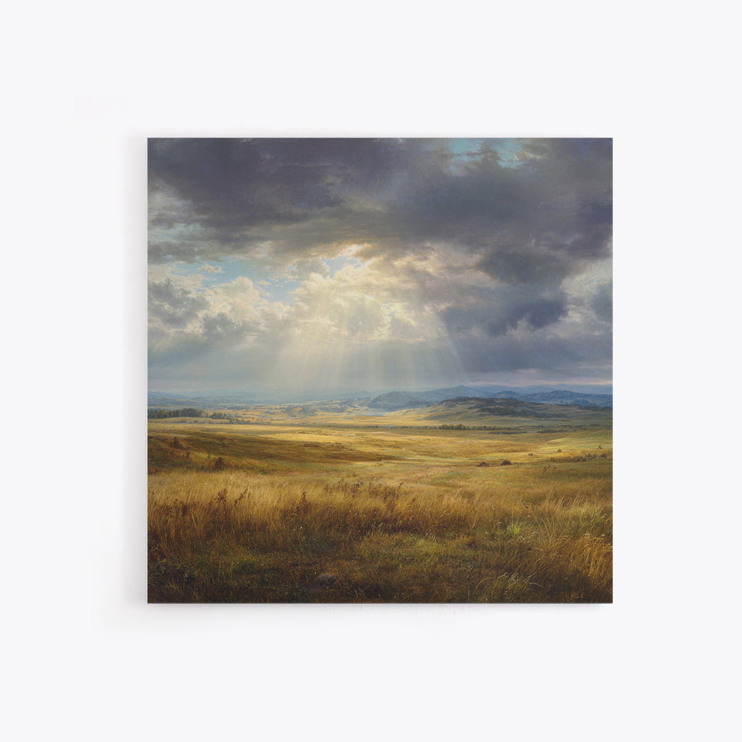 Sun Rays Over Golden Prairie Wall Art, Dramatic Western Landscape Canvas Print, Rustic Country Decor, Large Nature Living Room Art