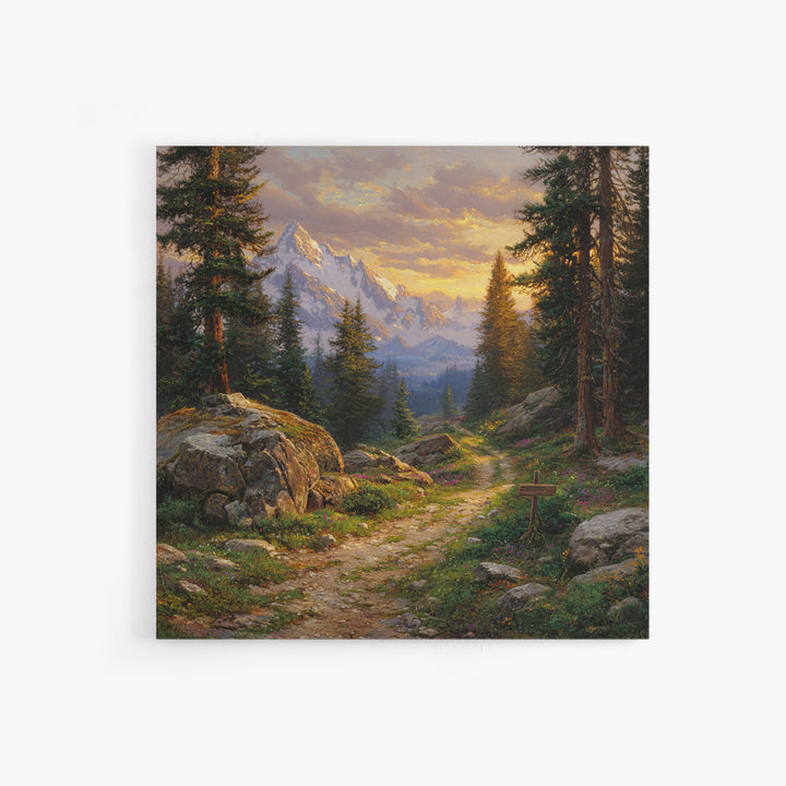 Mountain Forest Path At Sunset Wall Art, Tranquil Landscape Canvas Print For Rustic Cabin Or Living Room Home Decor