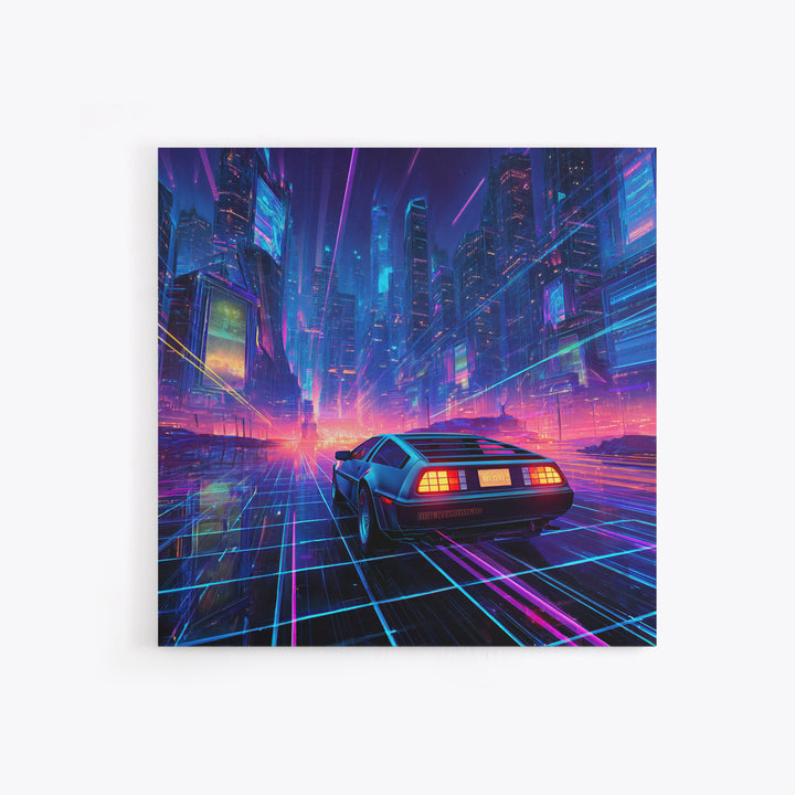 Retro Futuristic Car In Neon Cityscape Wall Art, Cyberpunk Sci Fi Canvas Print, Gaming Room Decor Modern Art