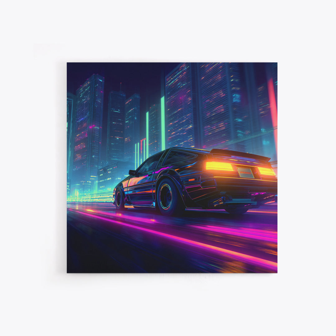 Neon Cyberpunk Sports Car Night Cityscape Wall Art Futuristic Sci Fi Urban Decor Gaming Room Canvas Print For Cool Office