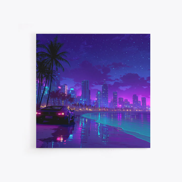 Neon Miami Night Cityscape Wall Art, Retro Futuristic Car On Beach, Cyberpunk Ocean Art, Gaming Room Decor Canvas Print