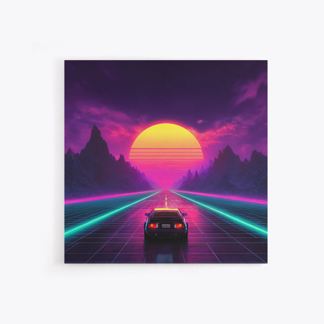 Retro Synthwave Sunset Highway Wall Art, Neon Car Landscape Canvas Print, Cyberpunk Futuristic Decor, Gaming Room Wall Art