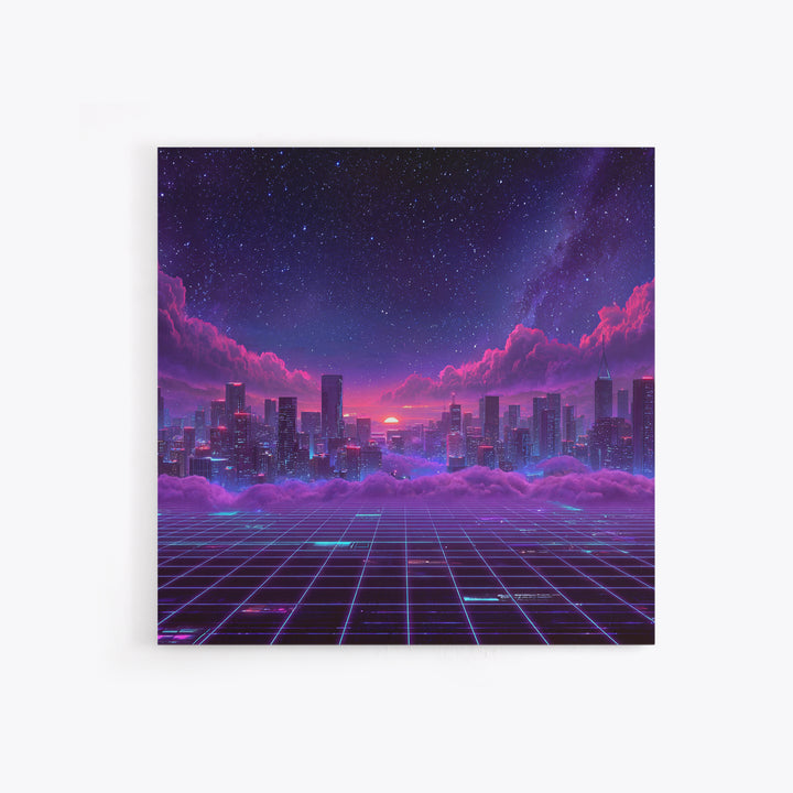 Neon Retro Futuristic Cityscape Wall Art, Vaporwave Sunset Skyline Canvas Print, Cyberpunk Room Decor, Gaming Office Artwork