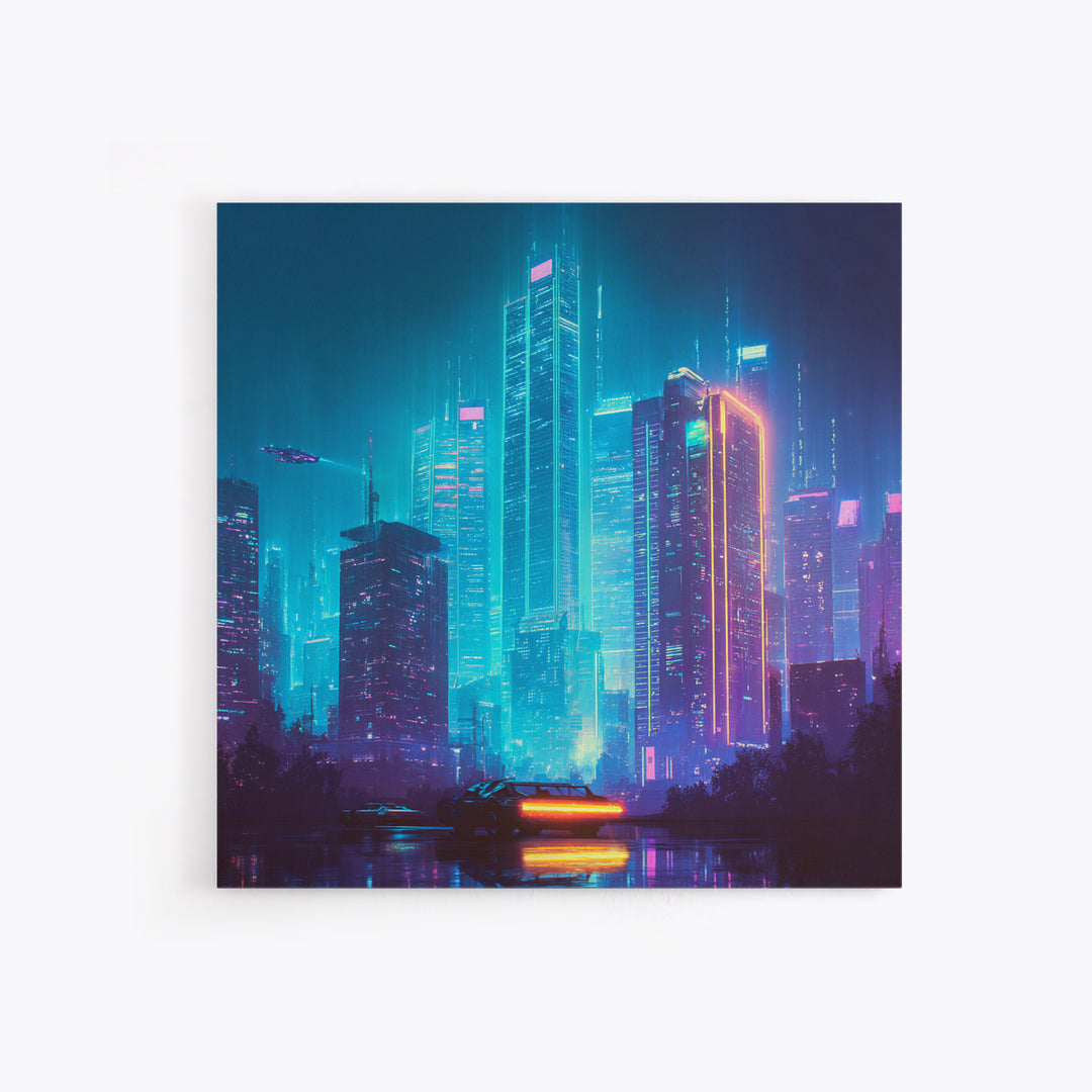 Cyberpunk Neon Cityscape At Night Wall Art, Futuristic Skyline Canvas Print, Retro Wave Room Decor, Gaming Home Decor