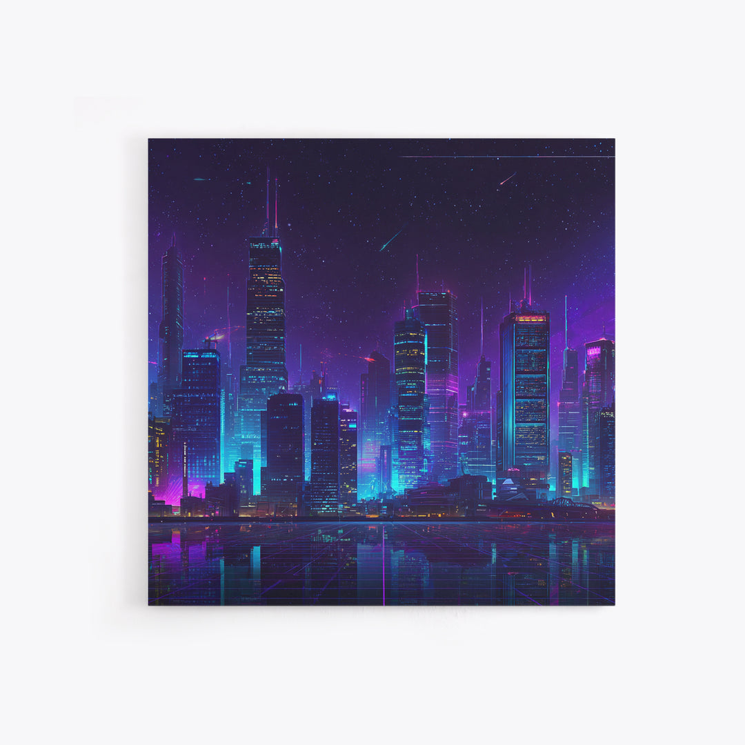 Neon Cyberpunk City Skyline Wall Art, Futuristic Nightscape Canvas Print, Sci Fi Gaming Room Decor, Vaporwave Wall Art