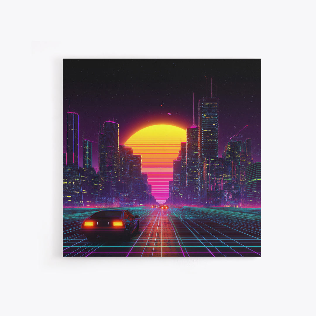 Retro Futuristic City Neon Sunset Car Driving 80s Vaporwave Wall Art Canvas Print Cyberpunk Decor Gaming Room Wall Art