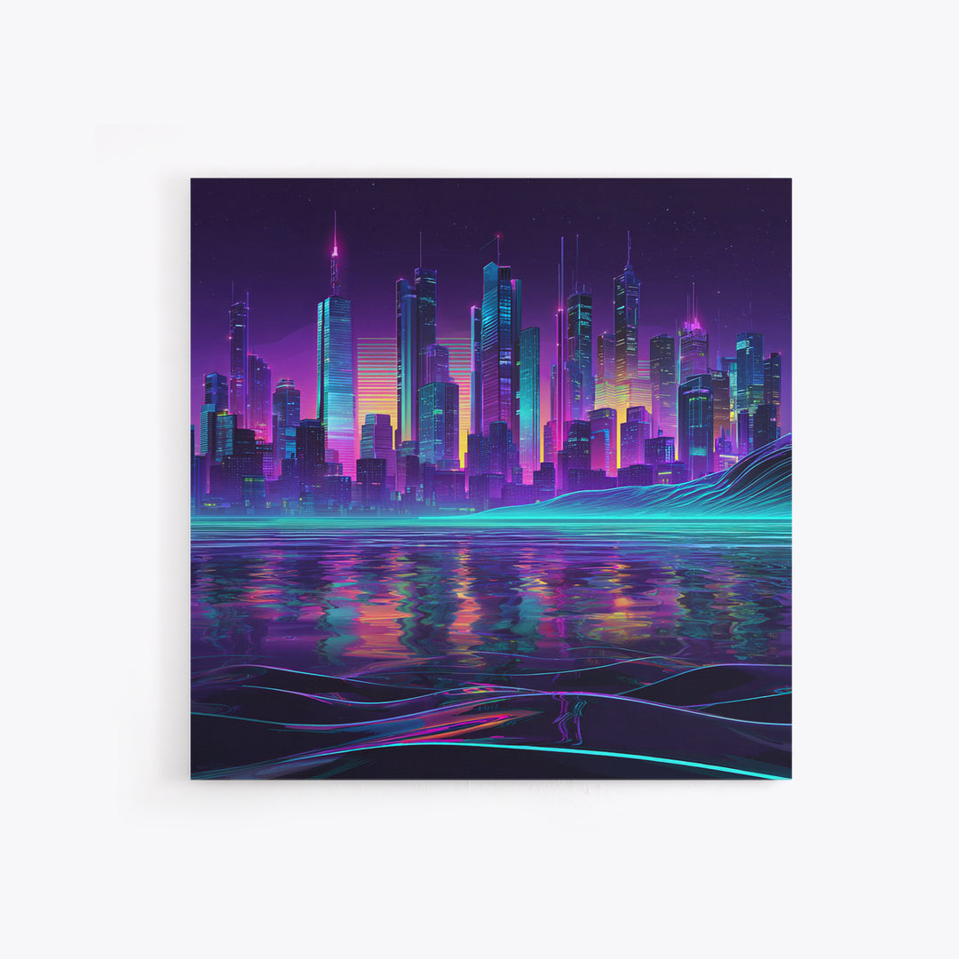 Neon Futuristic City Skyline At Night Wall Art Cyberpunk Landscape Canvas Print Modern Urban Home Decor Gaming Room Artwork