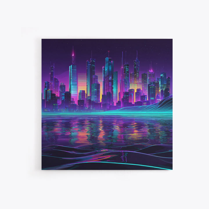 Neon Futuristic City Skyline At Night Wall Art Cyberpunk Landscape Canvas Print Modern Urban Home Decor Gaming Room Artwork