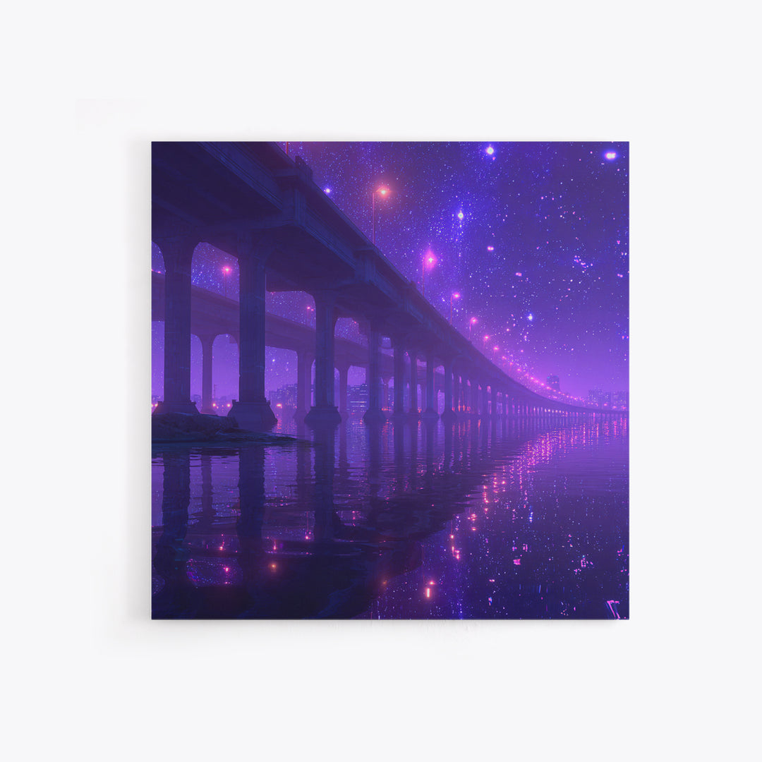 Neon Bridge At Night Over Water Wall Art, Dreamy Purple Cityscape Print, Modern Coastal Home Decor Canvas Print