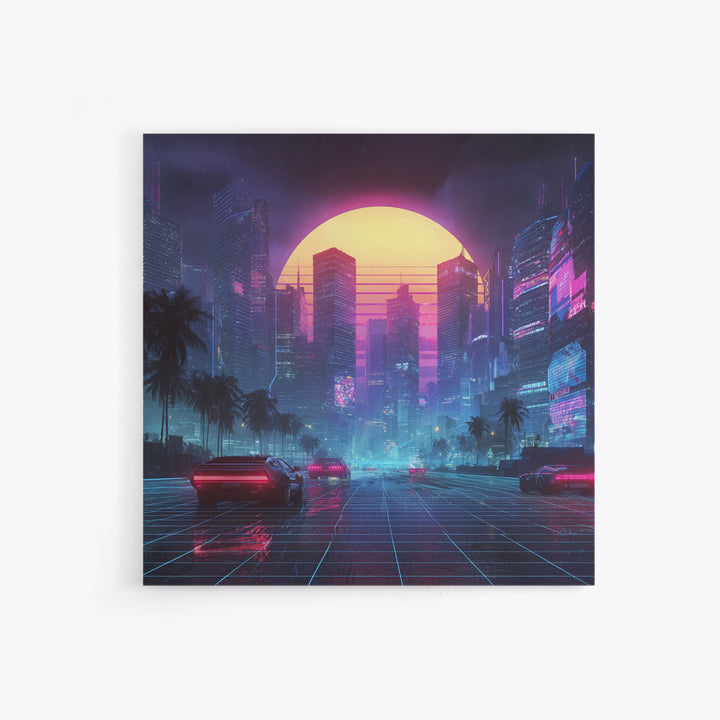 Neon Cyberpunk Cityscape With Retro Cars Wall Art Canvas Print, Futuristic Sci Fi Gaming Room Decor Modern Urban Art