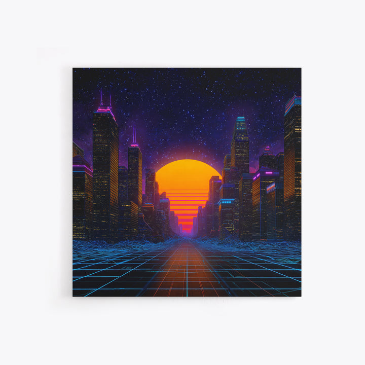 Neon City Sunset Retro Futuristic Wall Art, Cyberpunk Skyline Print, Synthwave Gaming Room Decor, Vibrant Sci Fi Living Room Wall Art