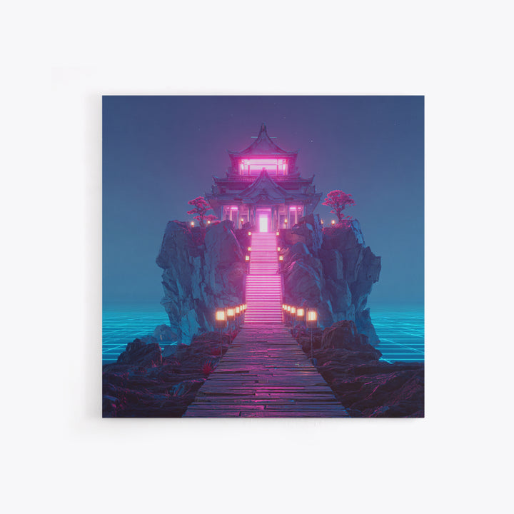 Neon Temple On Ocean Cliff Wall Art, Futuristic Fantasy Landscape Print, Surreal Zen Decor, Modern Home Decor Canvas Print