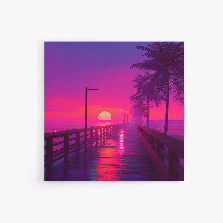 Neon Pier At Sunset With Palm Trees Wall Art, Vibrant Coastal Landscape Print, Retro Beach Home Decor Canvas Print