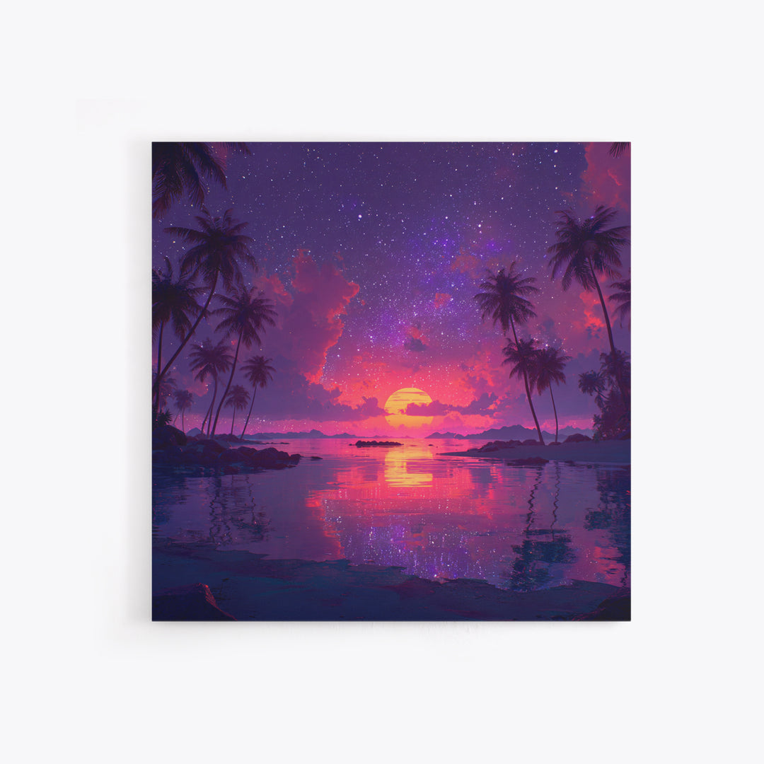 Starlit Tropical Lagoon Sunset Wall Art, Dreamy Pink Purple Coastal Landscape, Romantic Beach Canvas Print For Bedroom