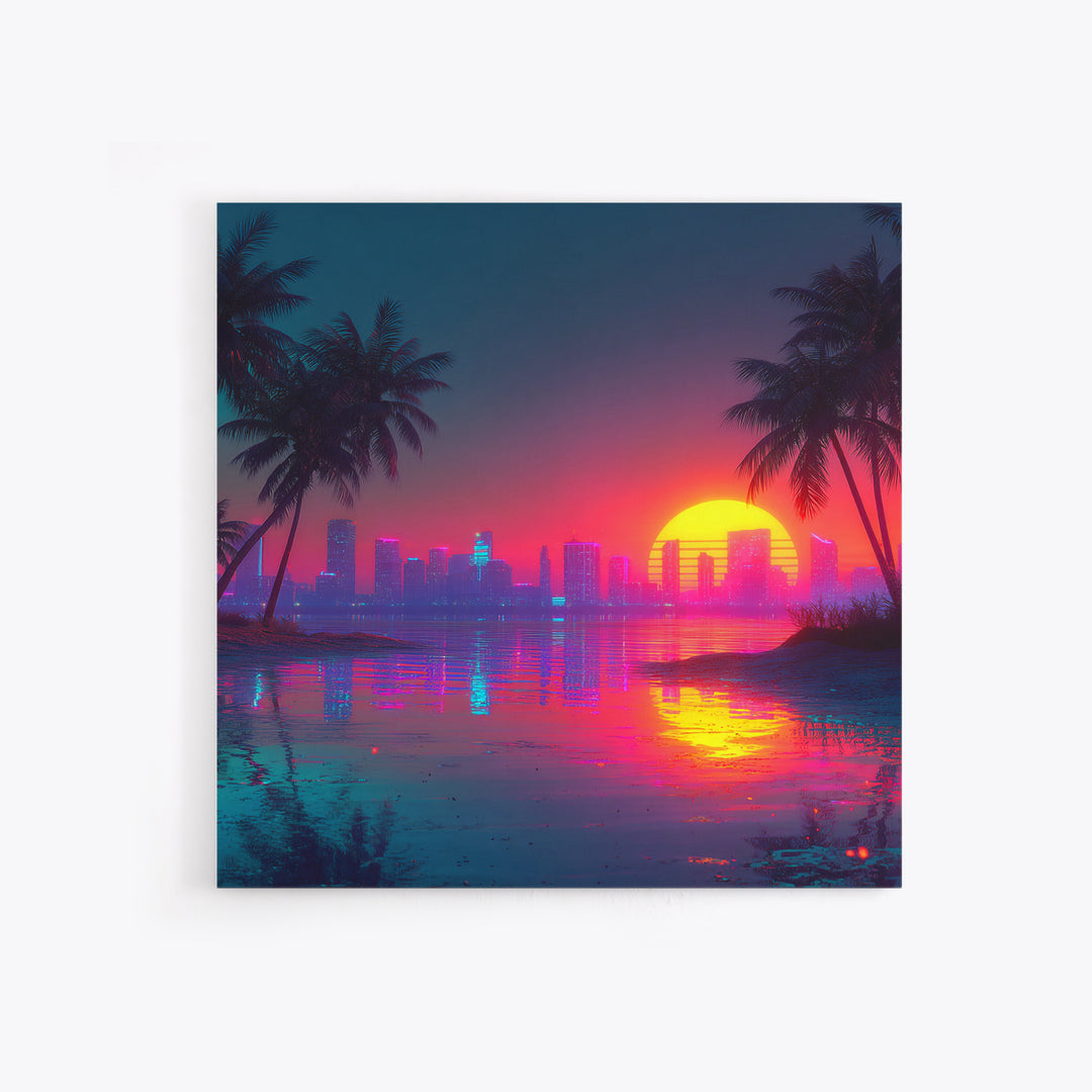 Retro Neon Beach Sunset City Skyline Wall Art Vaporwave Aesthetic Canvas Print Modern Coastal Wall Art Decor
