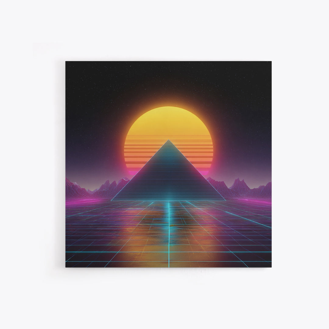 Retro Futuristic Pyramid Neon Sunset Landscape Wall Art Vaporwave Synthwave Painting Gaming Room Decor Canvas Print