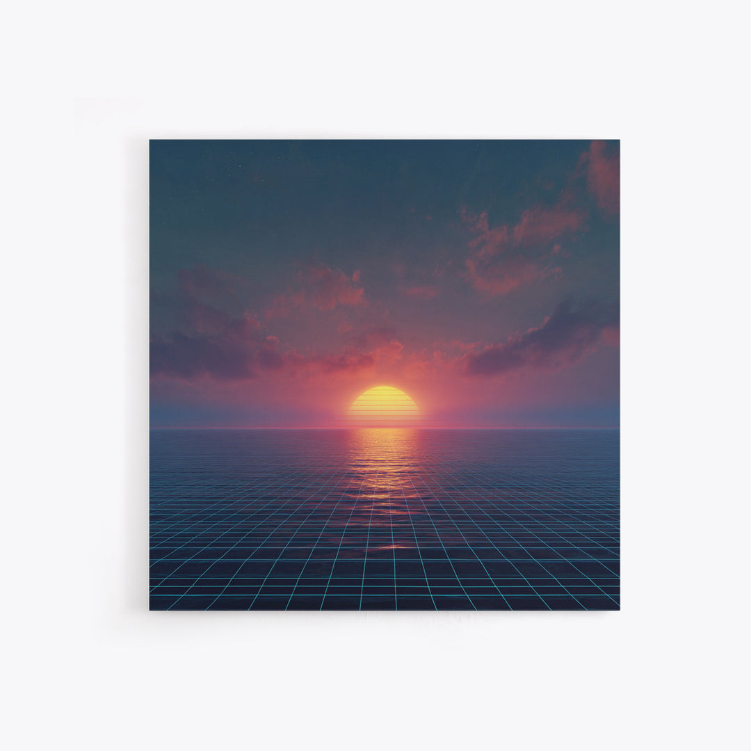 Neon Ocean Horizon Sunset Canvas Print, Retro Grid Seascape Wall Art, Futuristic Coastal Decor, Synthwave Bedroom Or Gaming Room Art