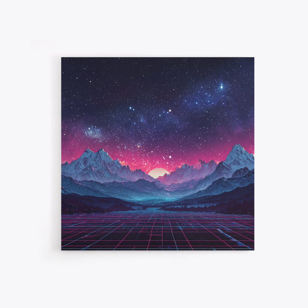 Neon Retro Mountains At Night Wall Art, Synthwave Landscape Print, Futuristic Gaming Room Decor, Vaporwave Aesthetic Wall Art