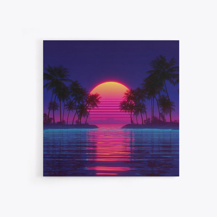 Retro Neon Island Sunset Wall Art, Synthwave Palm Tree Canvas Print, Vaporwave City Beach Decor, Futuristic Coastal Art