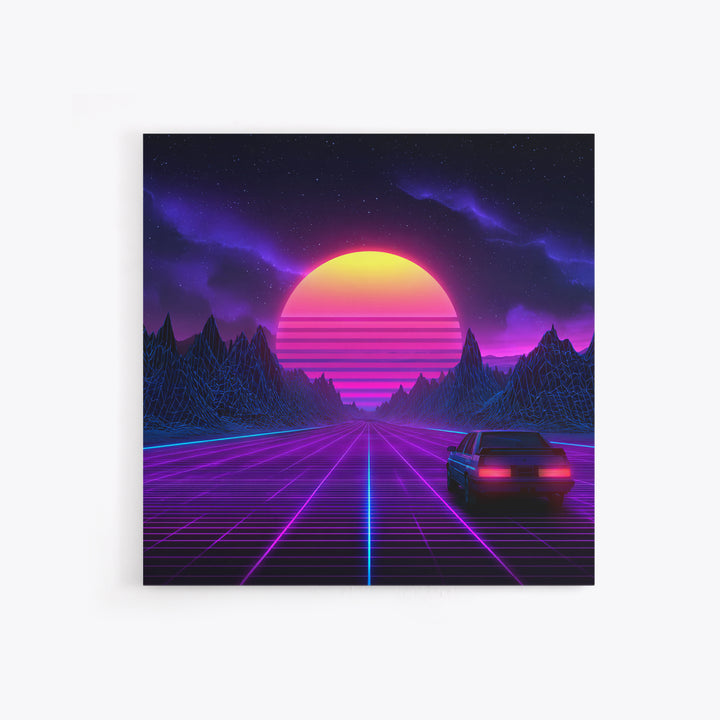 Neon Retro Highway Vaporwave Landscape Wall Art Canvas Print, Futuristic Sci Fi Gaming Room Decor Modern Abstract Art